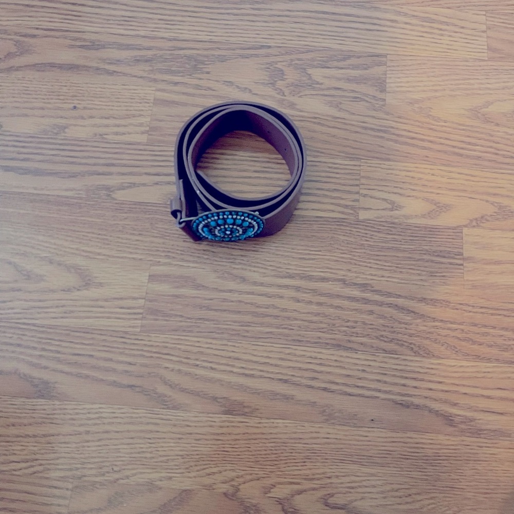 Brown belt with turquoise & pearls buckle